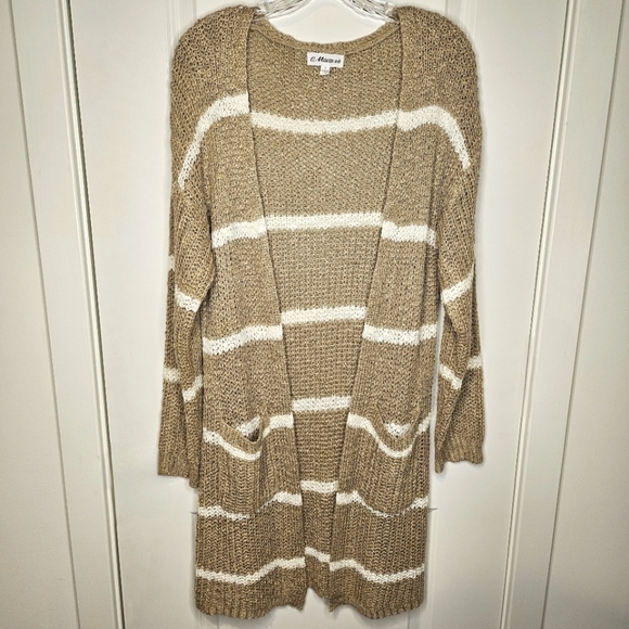 Macaron Women's Midi Oatmeal Tan White Striped Crochet Knit Cardigan Sweater S - Picture 1 of 6